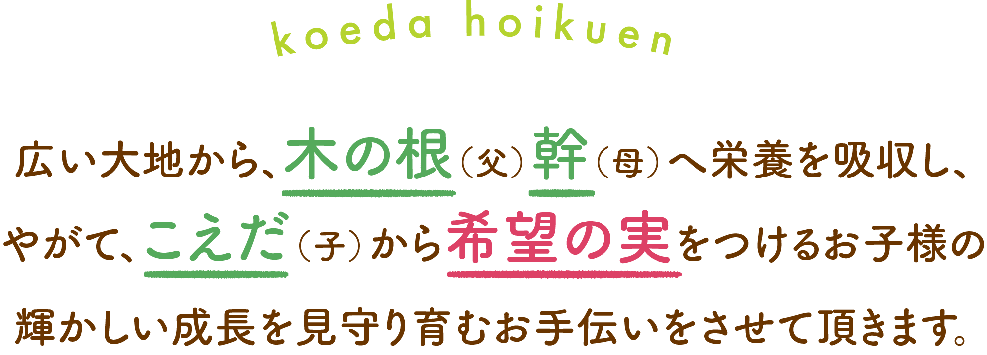 広い大地から、木の根（父）幹（母）へ栄養を吸収し、
            やがて、こえだ（子）から希望の実をつけるお子様の
            輝かしい成長を見守り育むお手伝いをさせて頂きます。